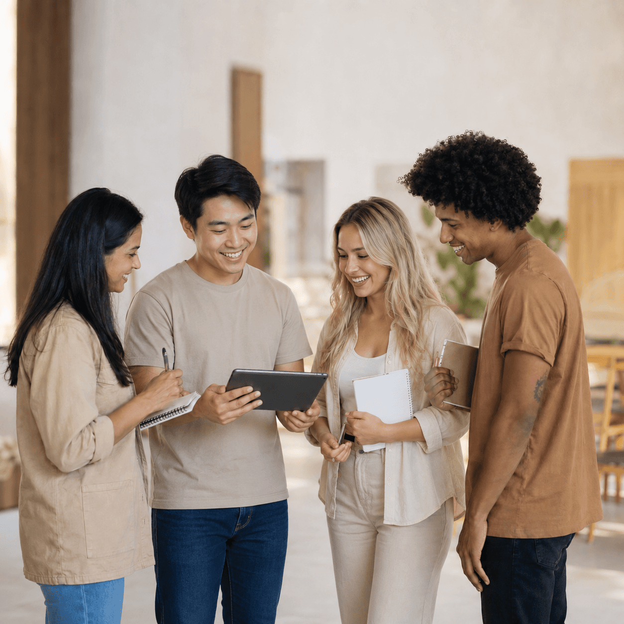 Equipe reunida em torno de um tablet
